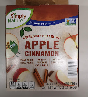 Box packaging for Simply Nature Apple Cinnamon Squeezable Fruit Pouches, from Aldi