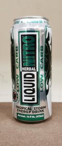 A can of Liquid Nitro Tropical Storm Low Carb Energy Drink, from Dollar Tree