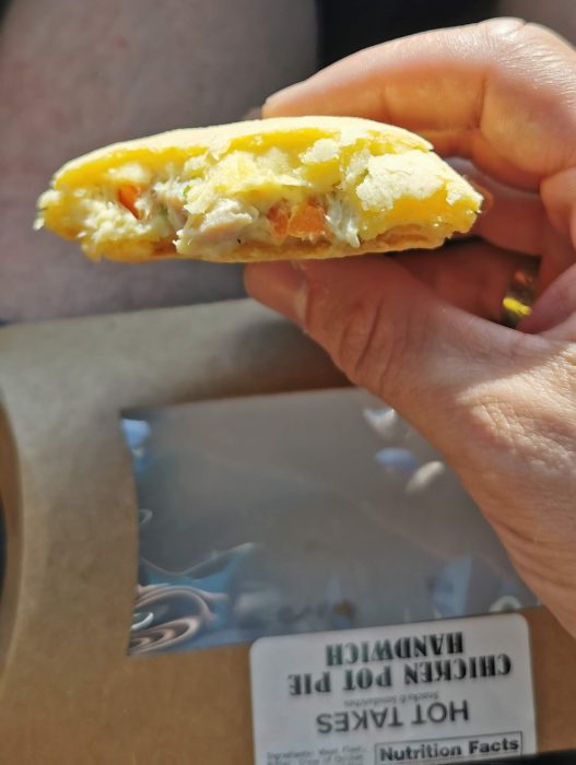 A close-up of the inner filling of a Hot Takes Chicken Pot Pie Handwich, from United Dairy Farmers